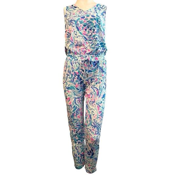 Lilly Pulitzer Paulina Aqua Pink Knit Sleeveless Jumpsuit Size Small Pull On - Picture 1 of 6